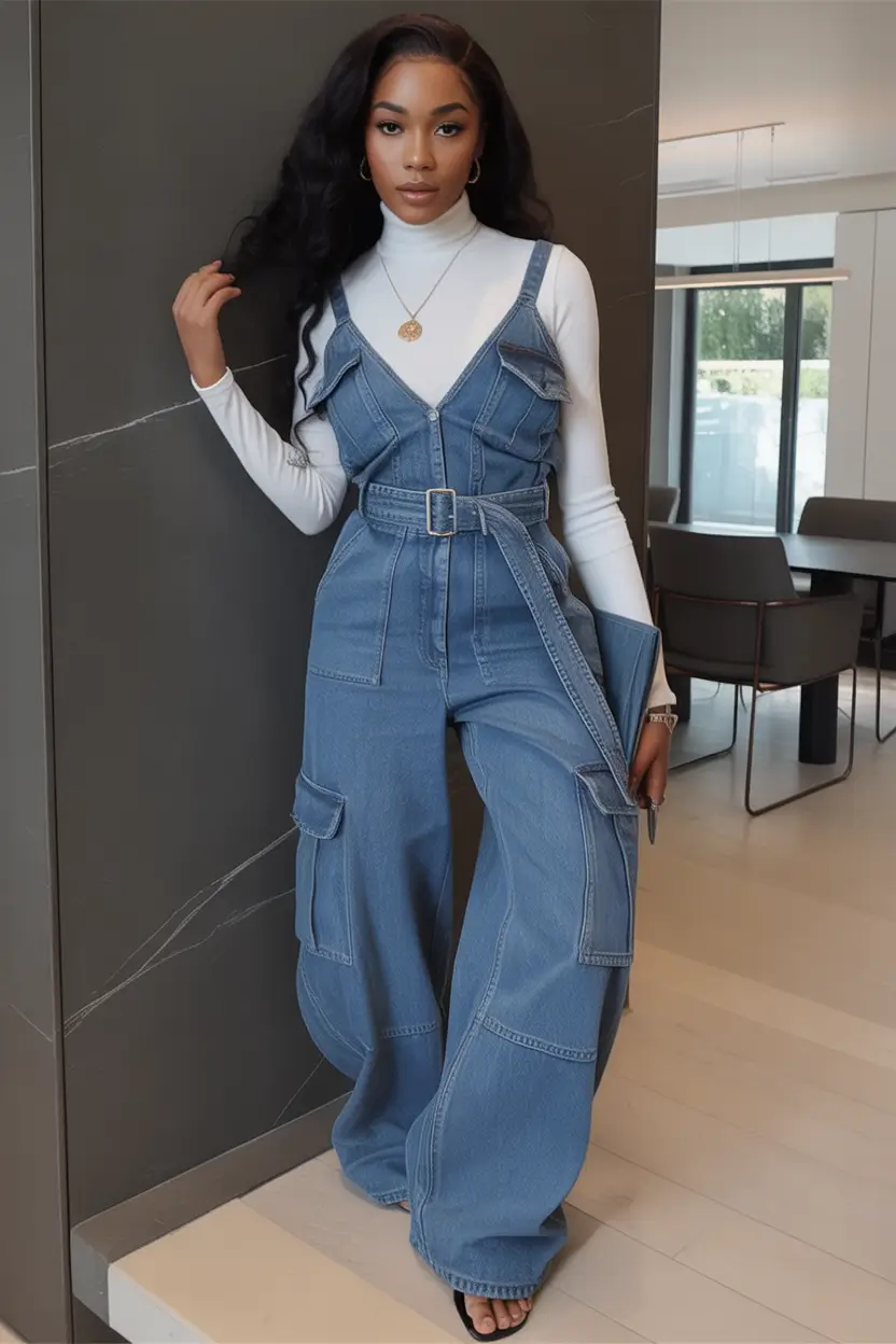 Denim jumpsuit statement with long sleeves underneath