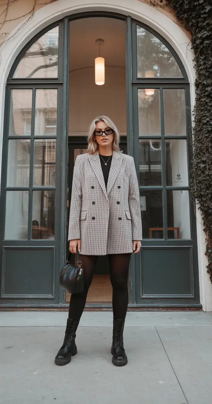 Modern plaid power with oversized blazer and boots