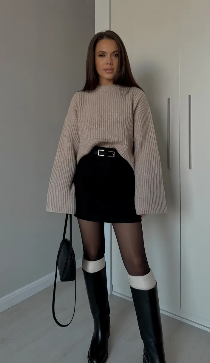 Cozy sweater with mini skirt and boots