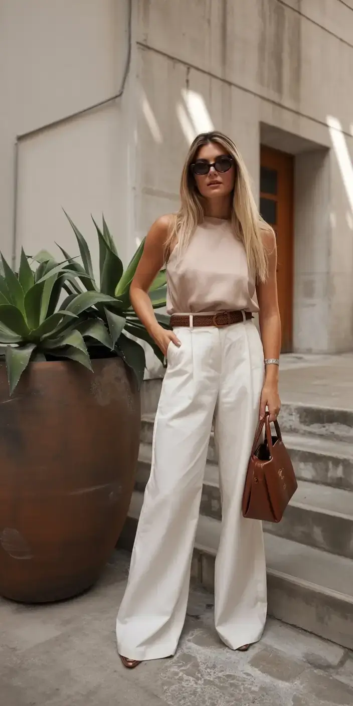 Neutral tank top with white trousers