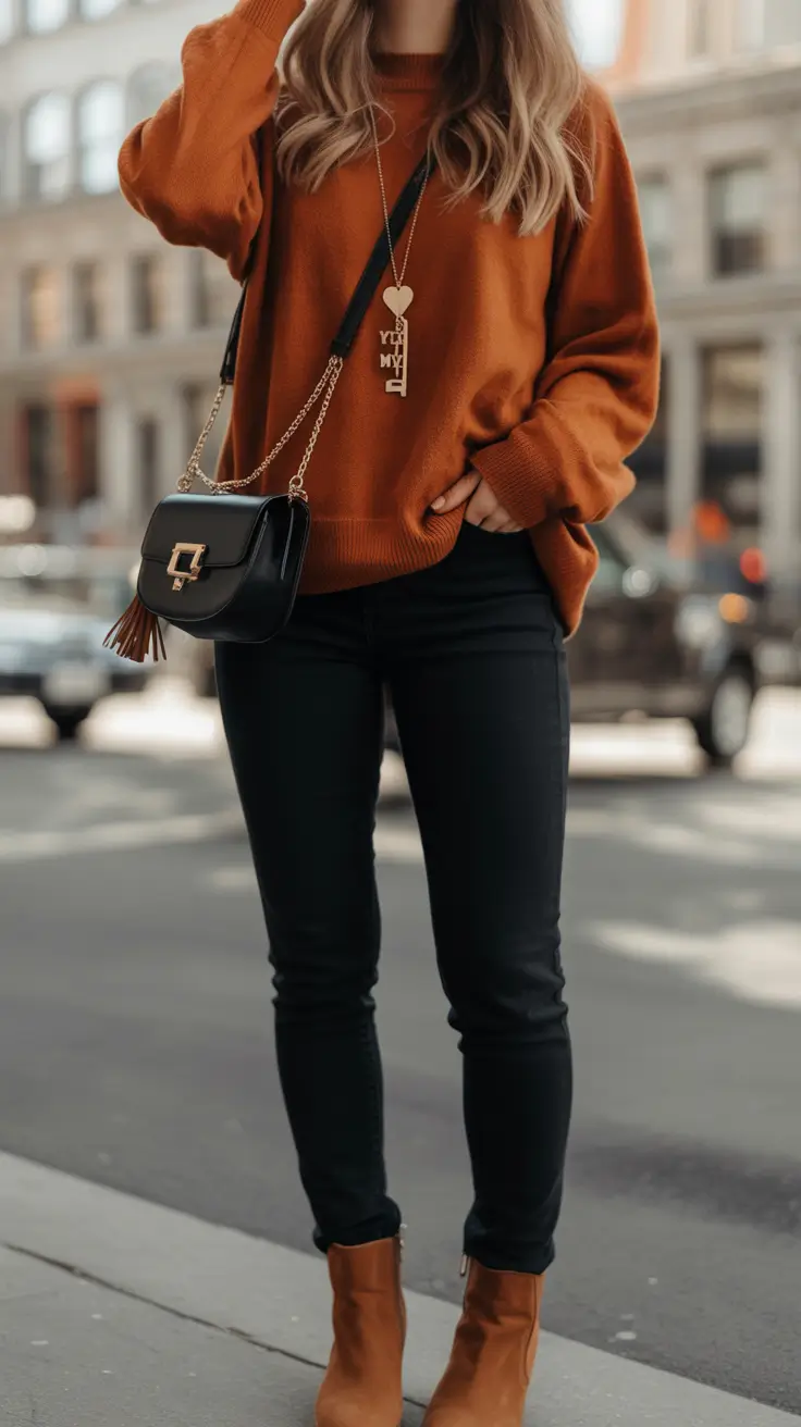 Rust sweater with black jeans and boots