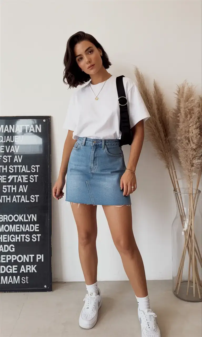 Casual white tee with denim skirt