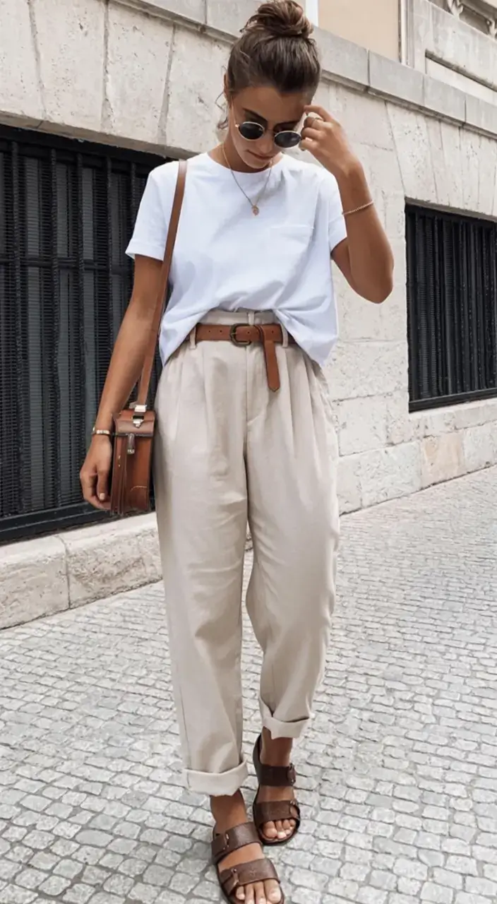 White tee with beige trousers and sandals