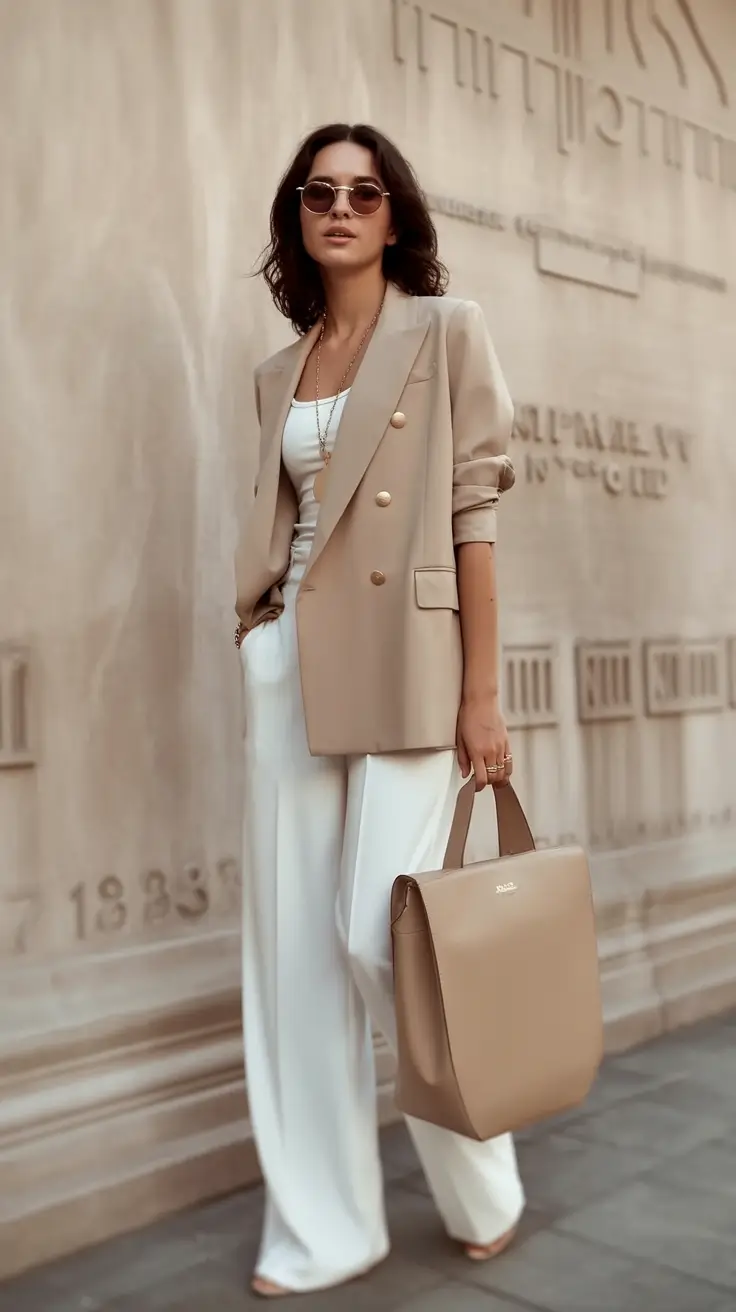Beige blazer with white trousers