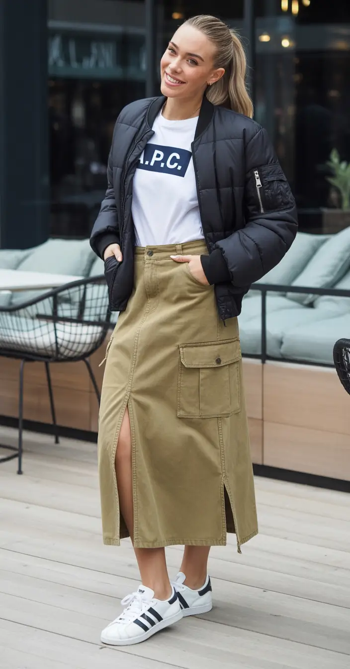 Puffer jacket with cargo skirt and sneakers