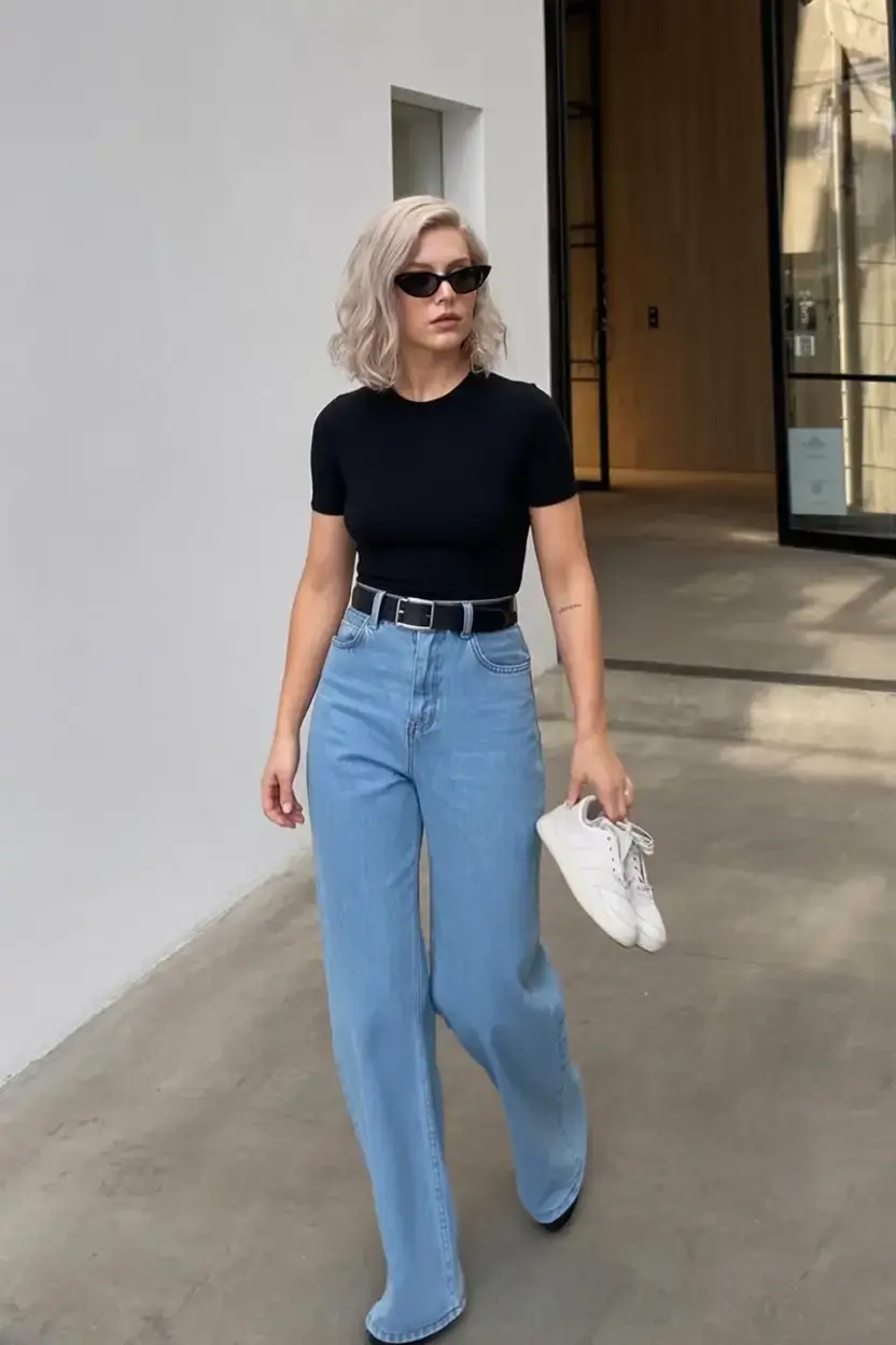 Black tee with light jeans and white sneakers