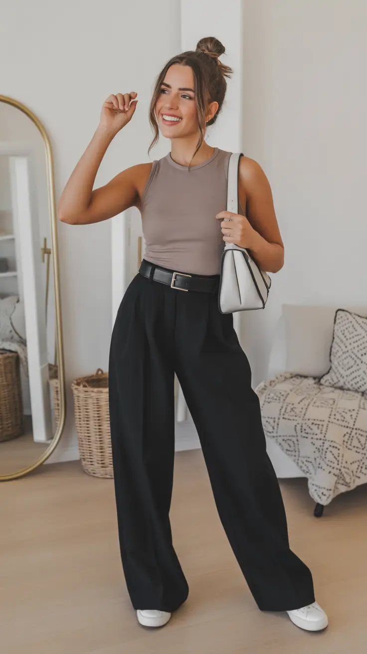 Beige tank with black trousers and sneakers