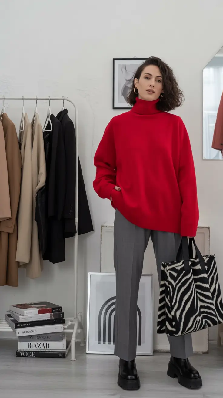 Red sweater with grey trousers and patterned bag
