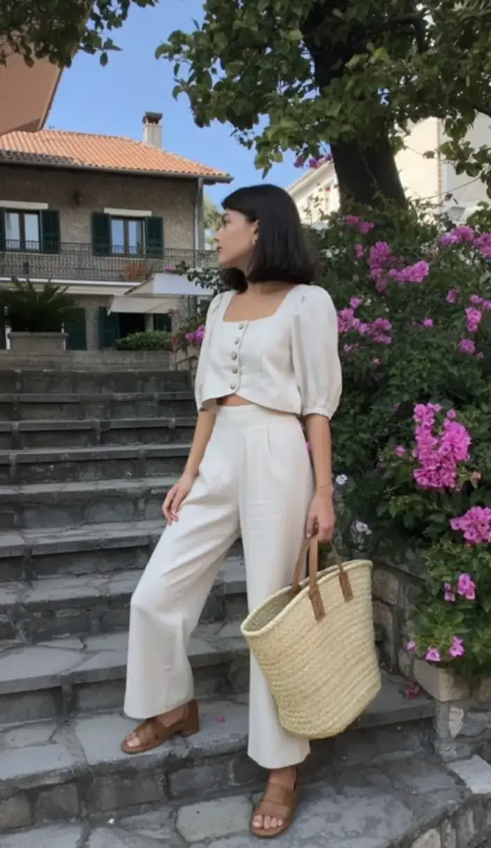 Cream outfit with wide pants and straw bag