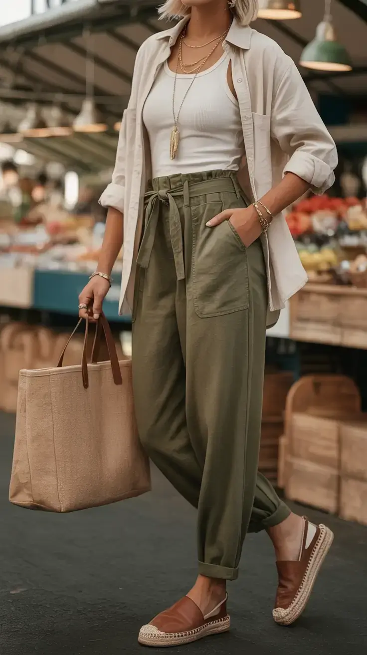 Beige shirt over tank with green pants