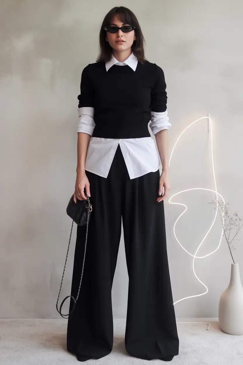 Black sweater over white shirt with wide pants