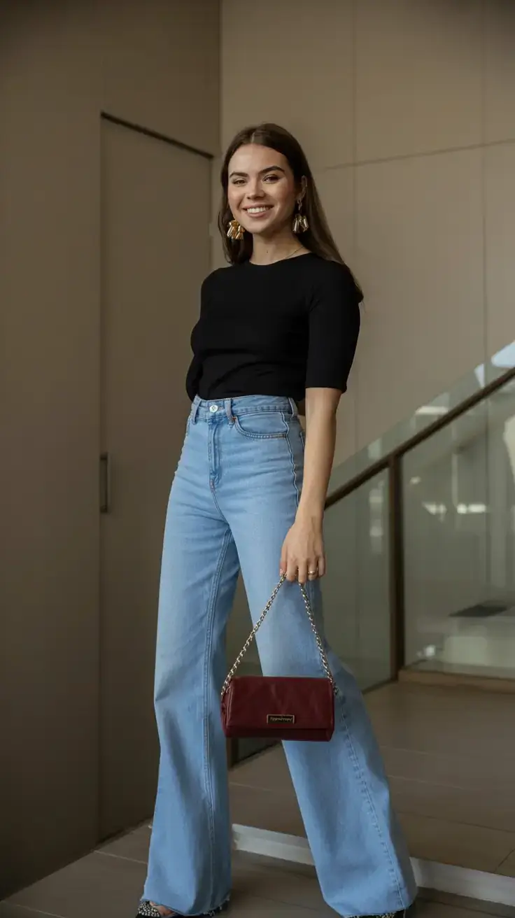 High-waist jeans with black top and clutch