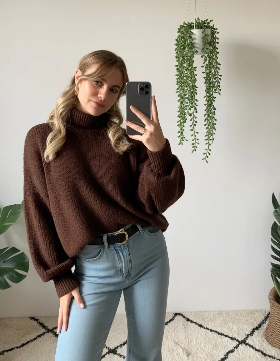 Brown sweater with light jeans and belt