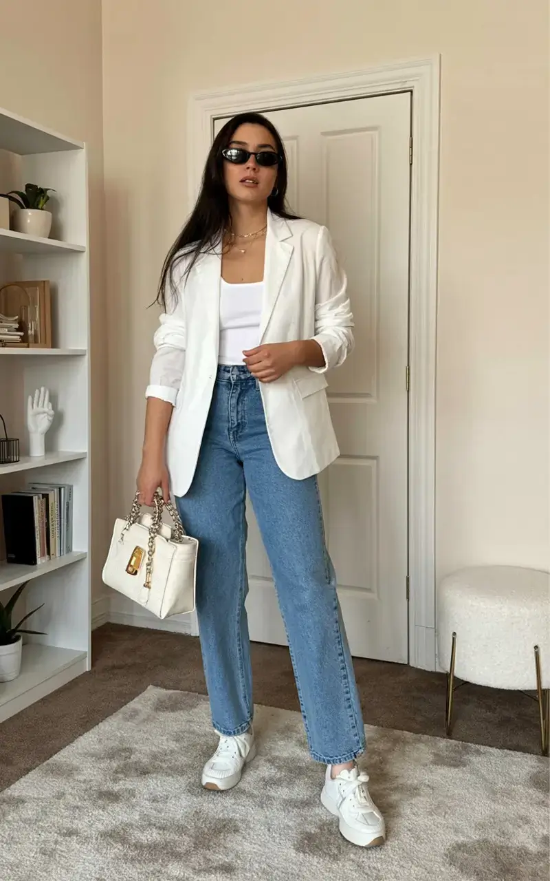White blazer with jeans and sneakers