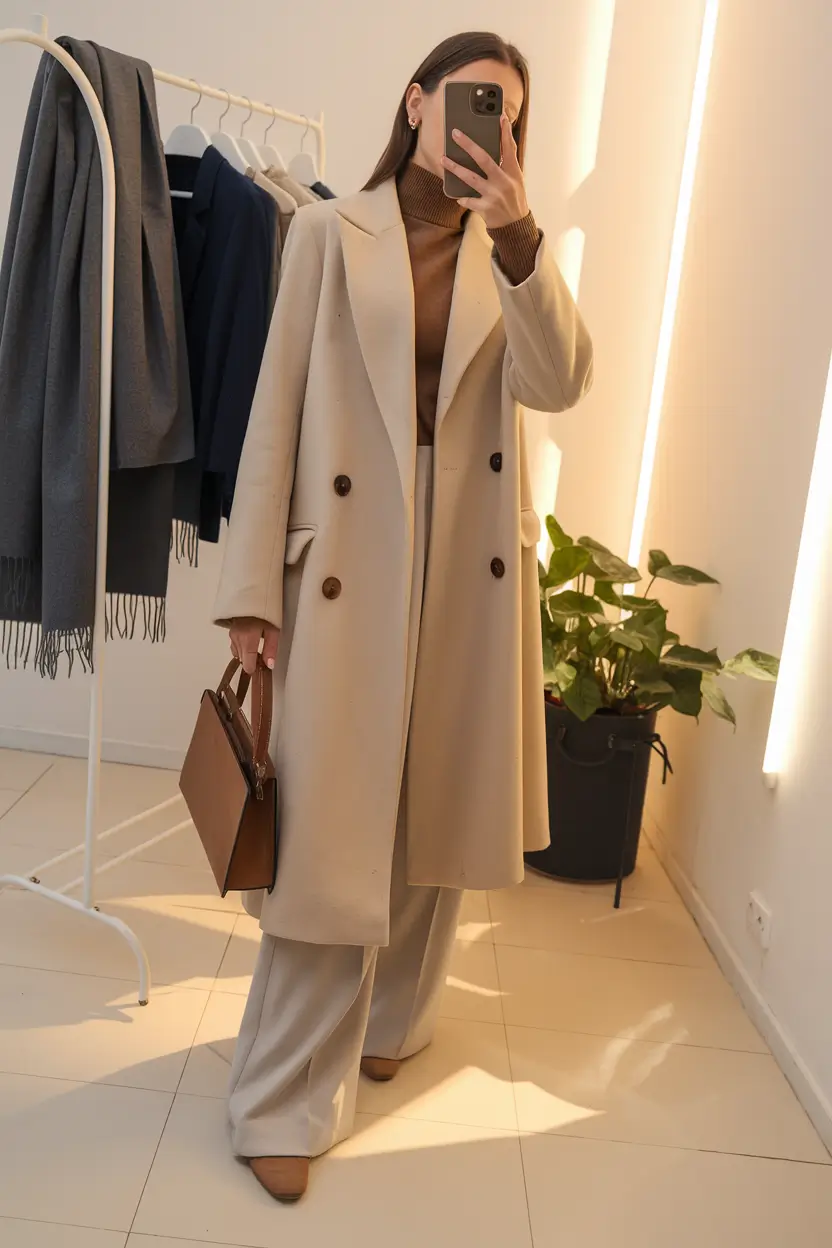 Neutral coat with wide-leg trousers, refined and timeless