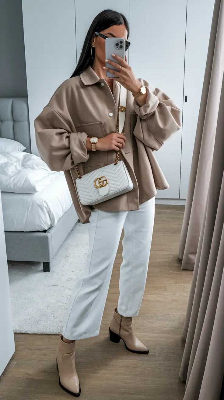 Oversized jacket with white pants, effortless chic