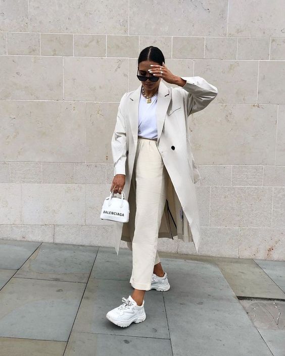 Cream trench and sneakers, urban sporty