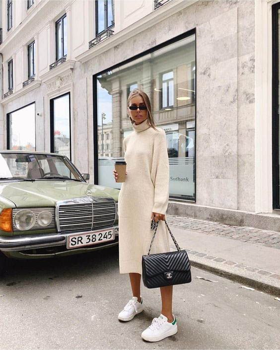 Knit dress with sneakers, street chic