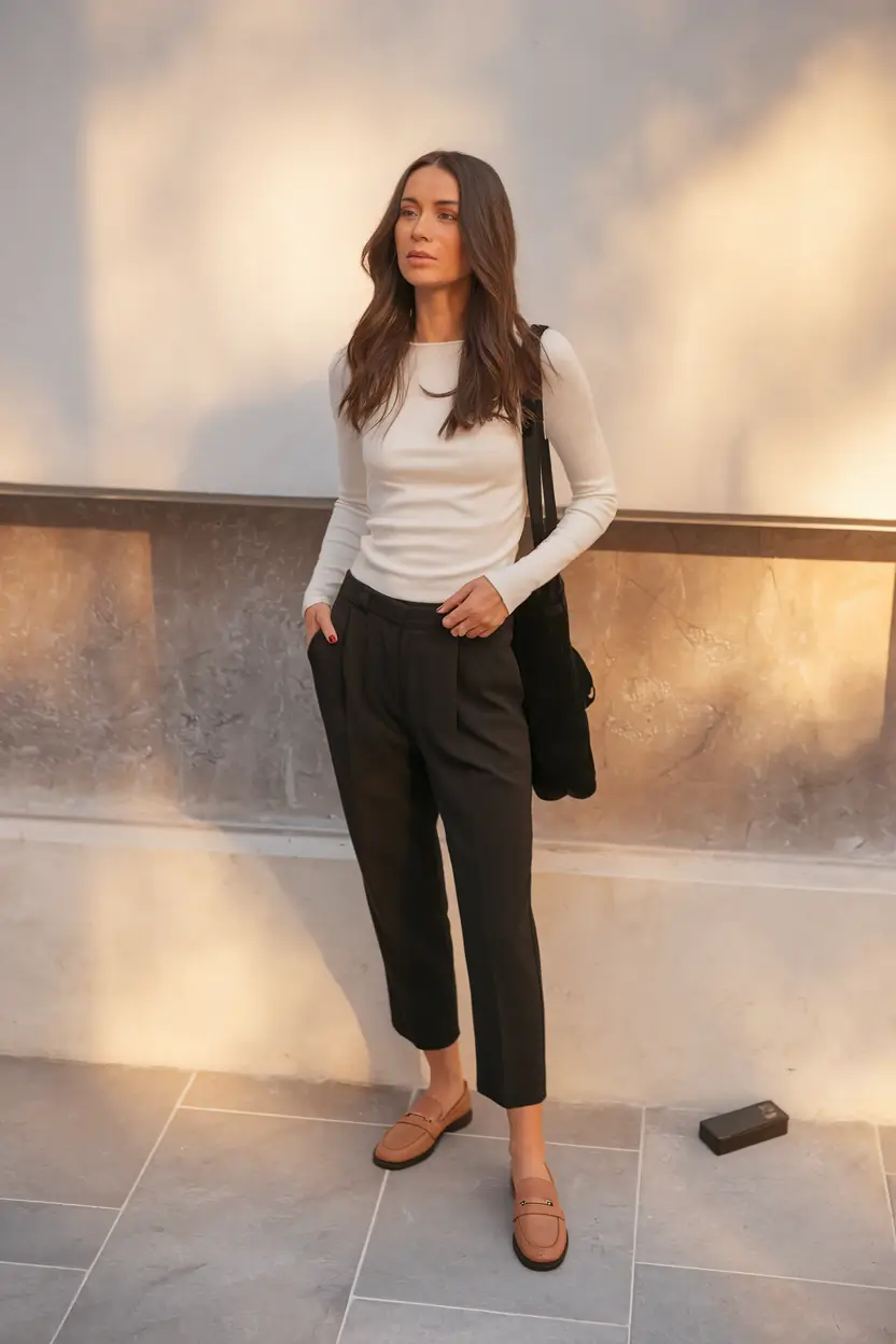 White top with black trousers, minimal chic