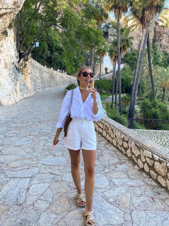 White shirt and shorts, relaxed and cool