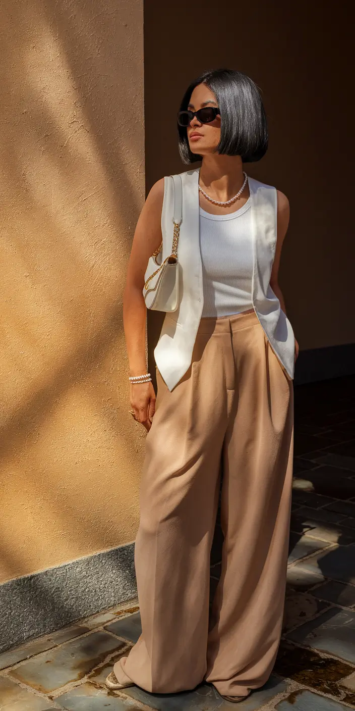 White vest with wide-leg trousers, contemporary elegance