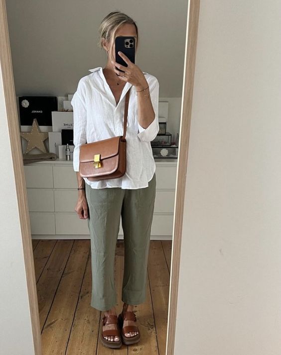 White shirt with green pants, casual chic