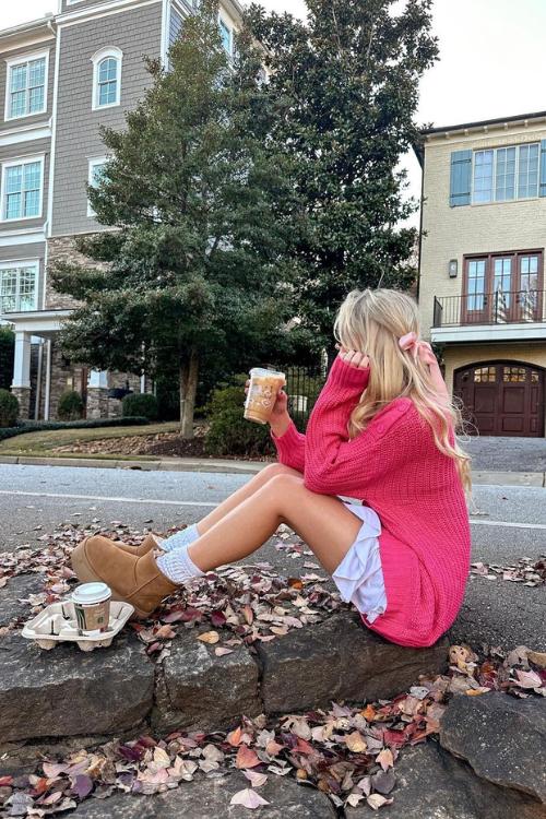 Pink sweater with white shorts, fun and cozy