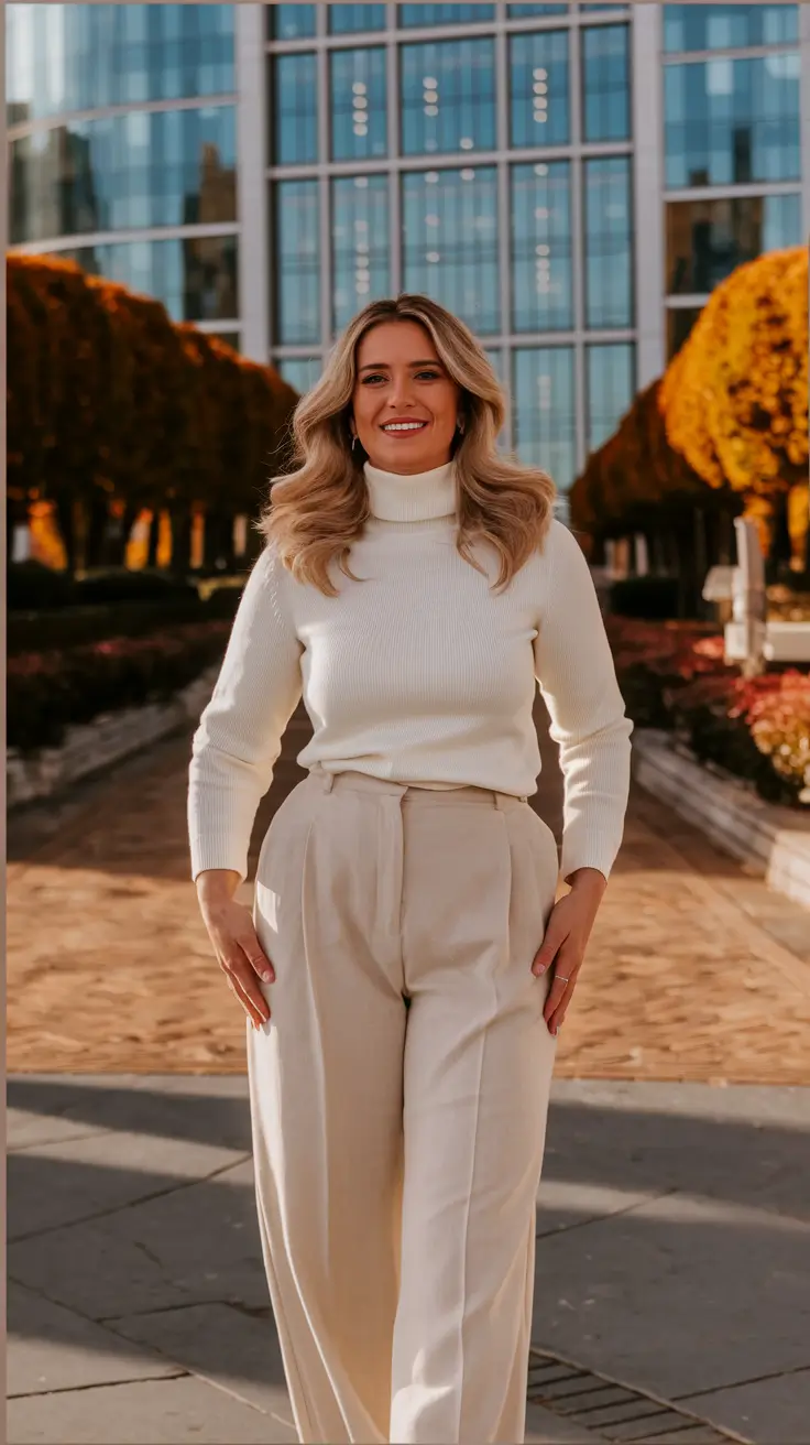 White turtleneck with wide-leg pants, elegant