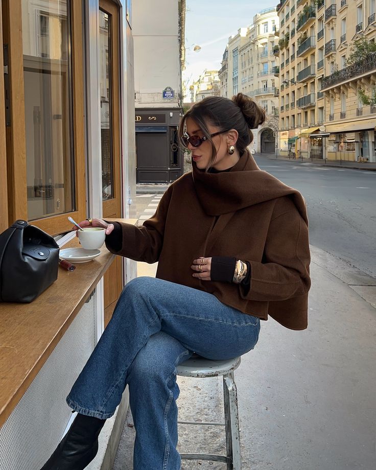 Brown sweater with jeans, warm urban style
