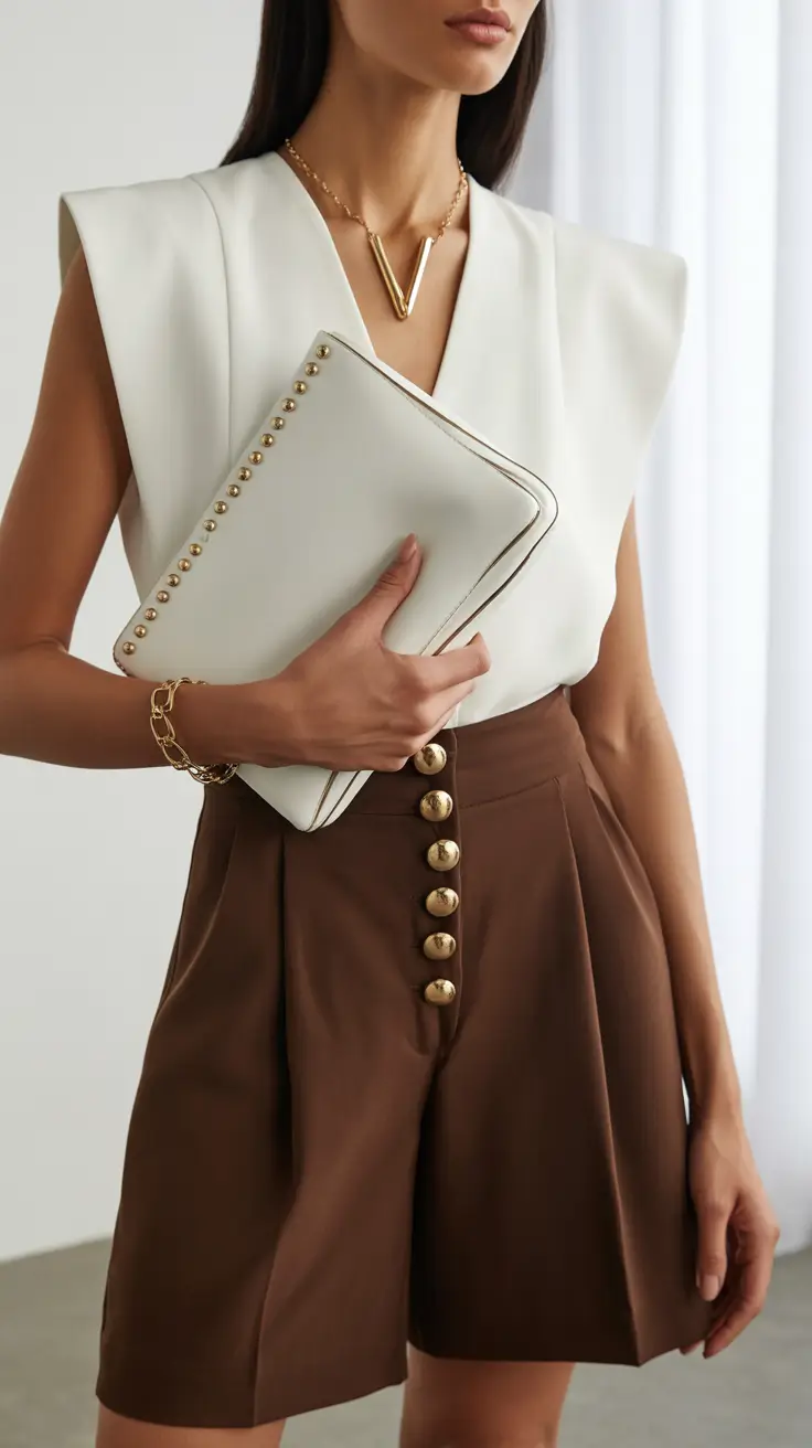 White top and brown shorts, sleek and modern