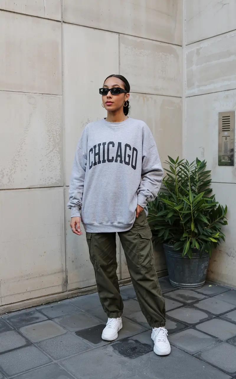 Graphic sweatshirt and cargo pants, relaxed style