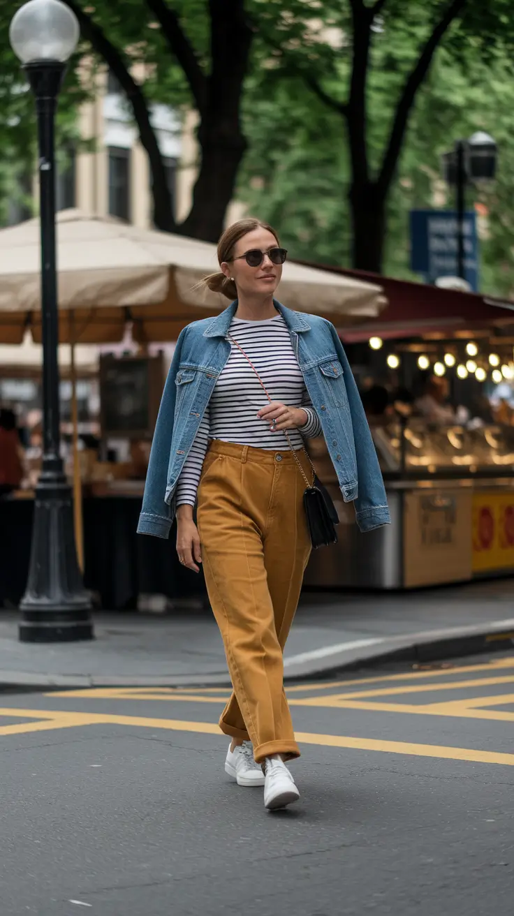 Striped top and denim jacket, city style