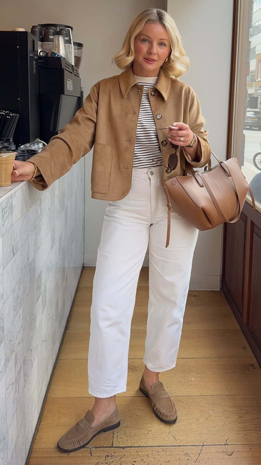Striped top and tan jacket, timeless style