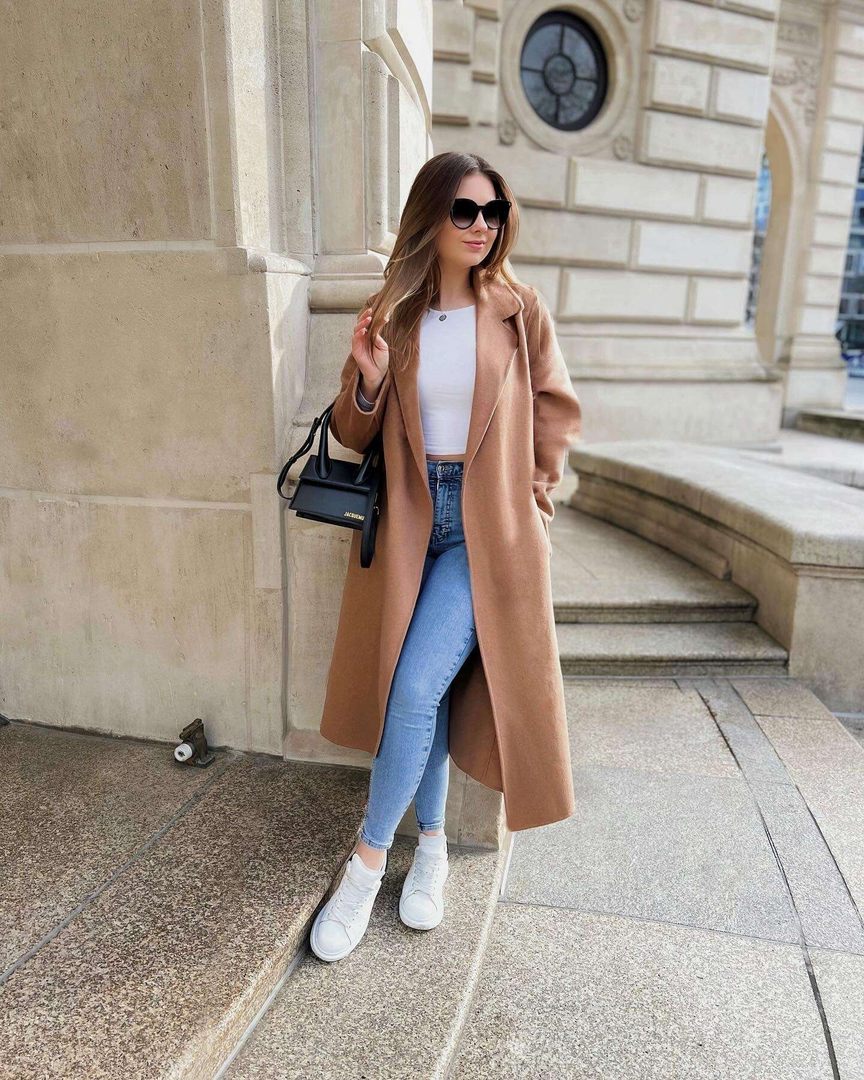 Camel coat and jeans, timeless elegance