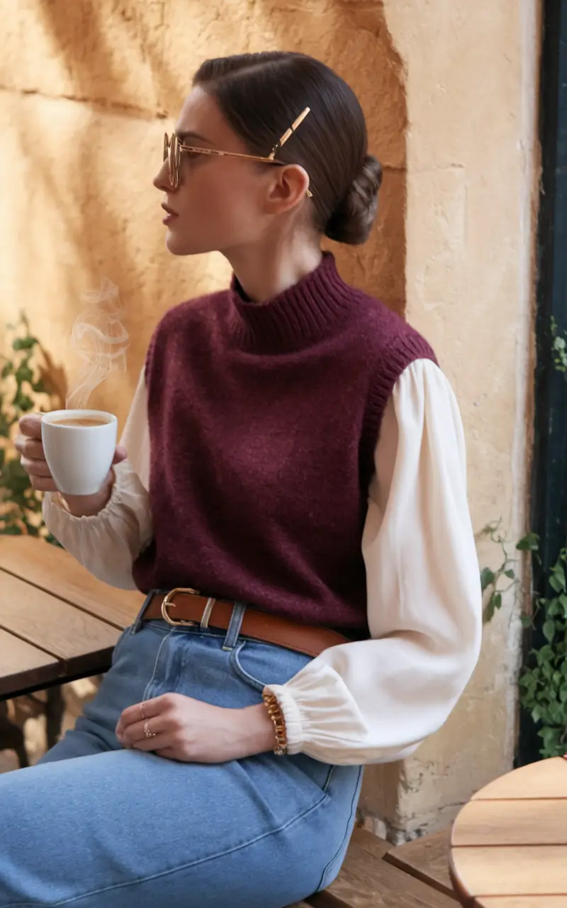 Knit vest with blouse, elegant layering