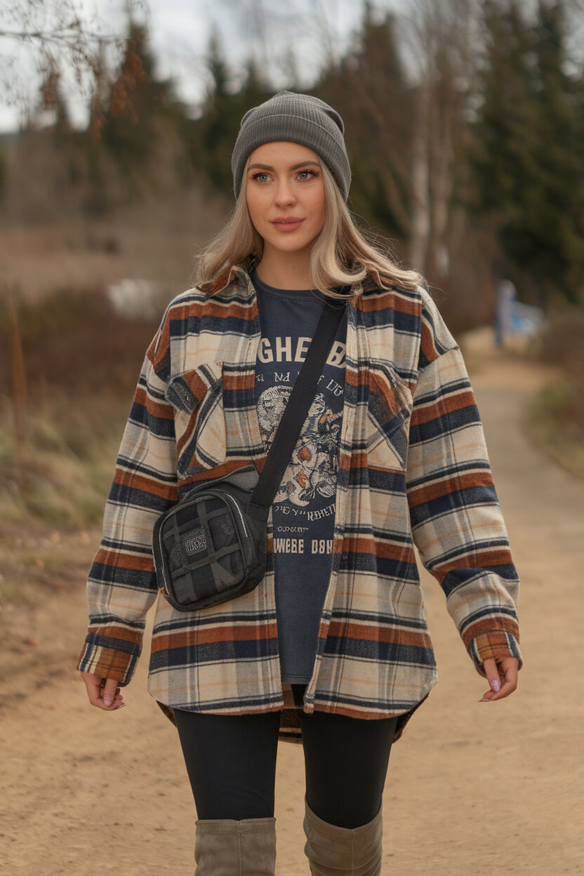 Plaid shirt and beanie, casual cozy