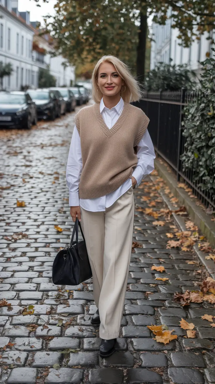 Beige vest and trousers, modern sophistication