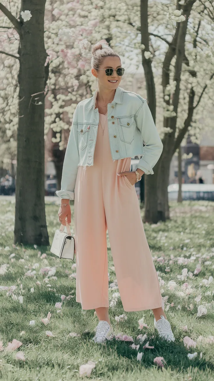Spring-ready pastel jumpsuit with light denim jacket
