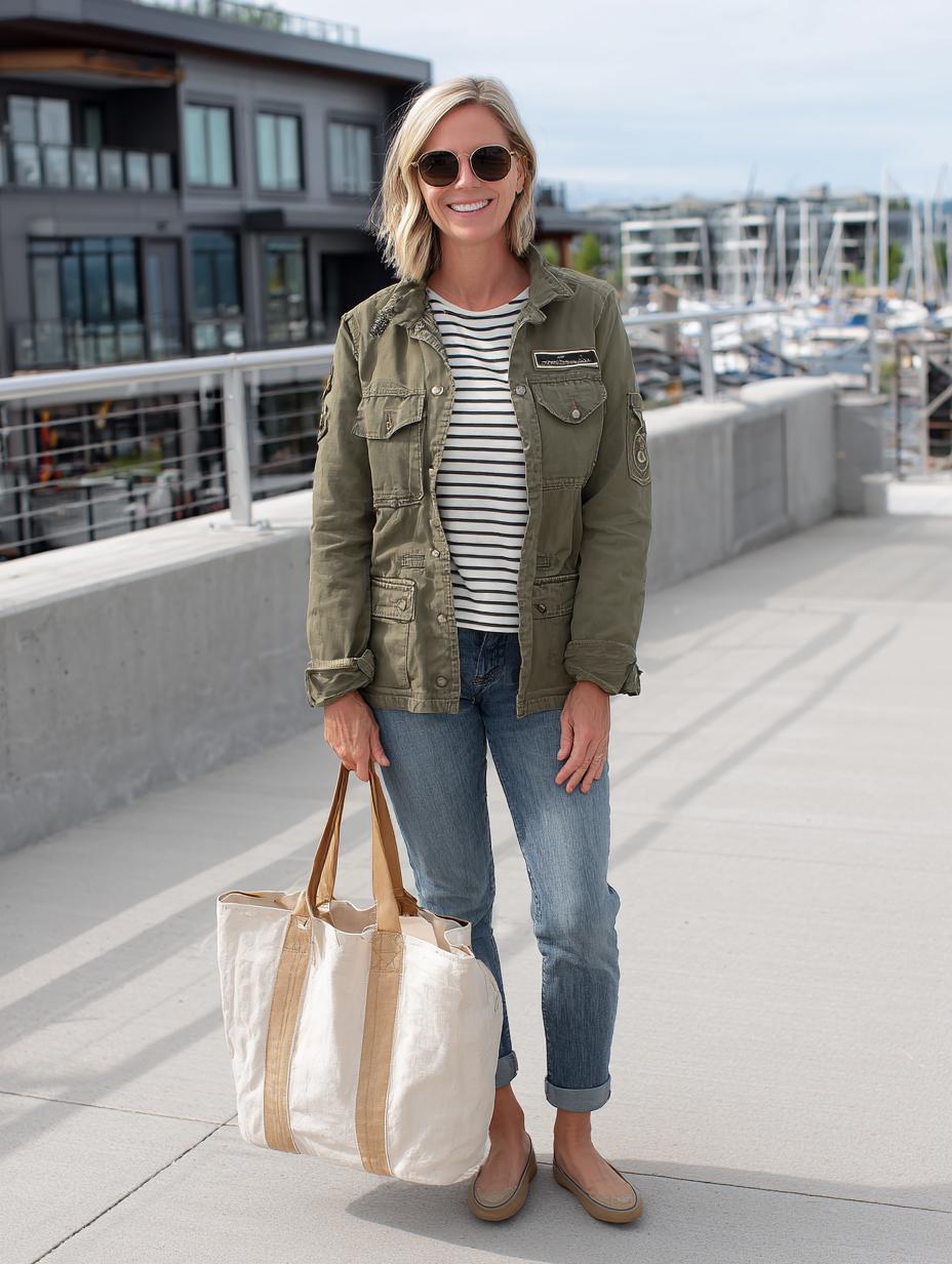 Striped tee with utility jacket and cuffed jeans