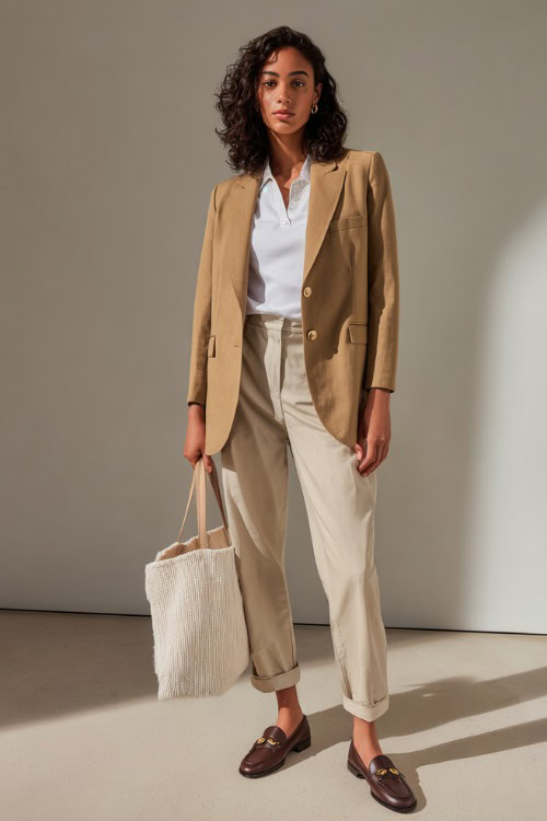 Beige blazer with polo shirt and chinos