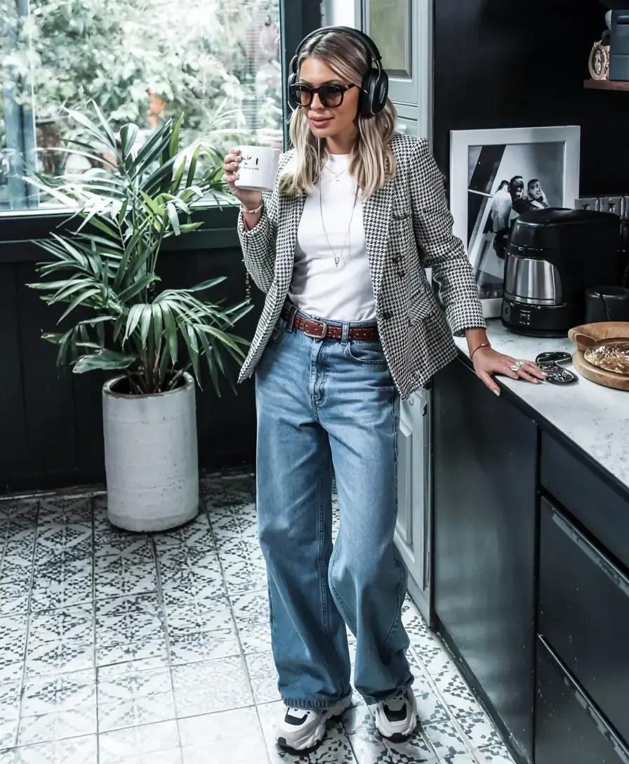 Check blazer with white tee and wide-leg jeans