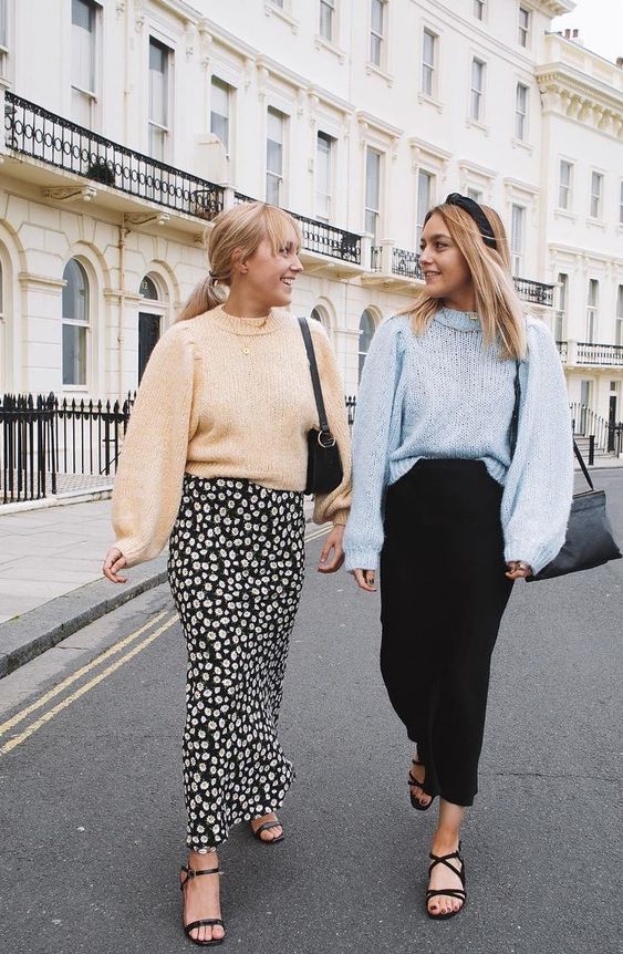 Chunky sweaters with printed skirts