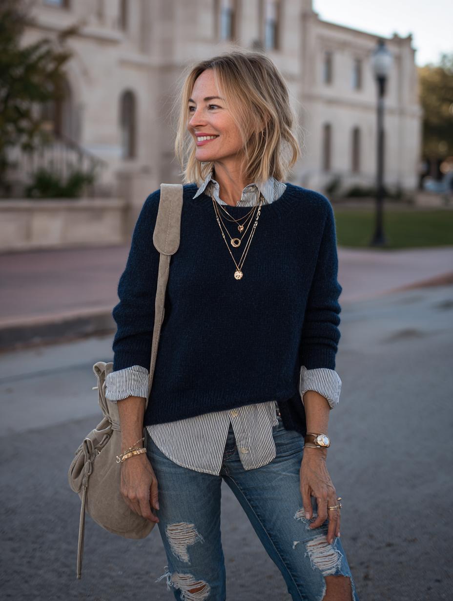 Layered sweater and shirt with distressed jeans