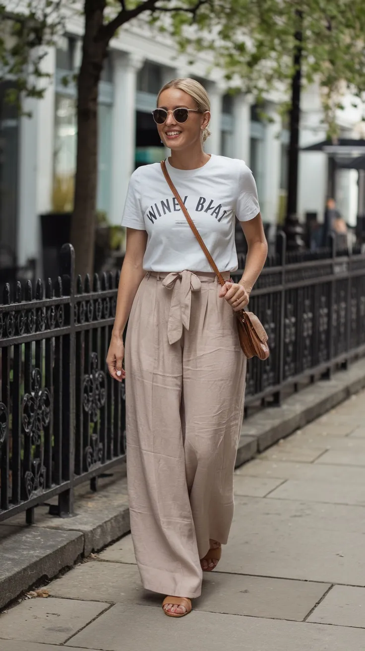 White tee with beige linen trousers