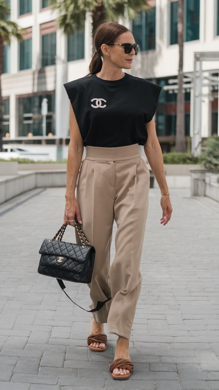Black tee with beige high-waist trousers