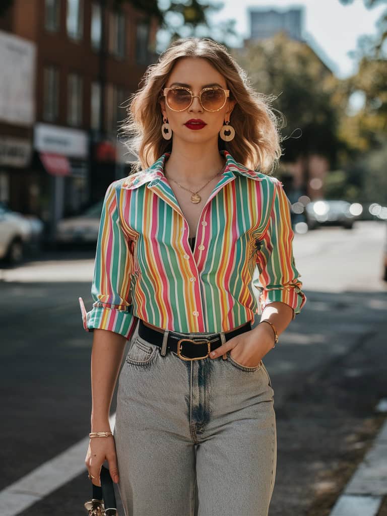 Colorful striped shirt with high-waist jeans