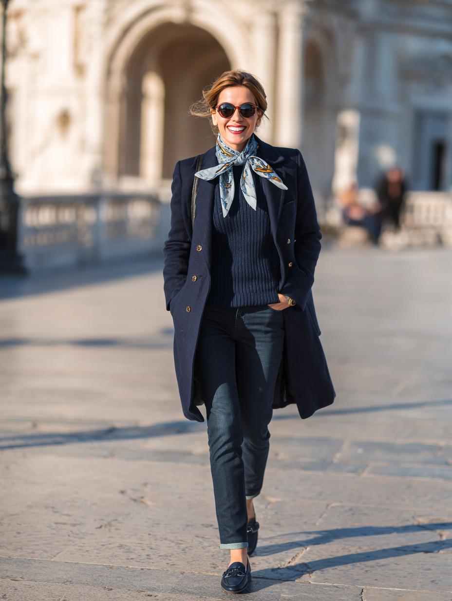 Navy coat with scarf and jeans