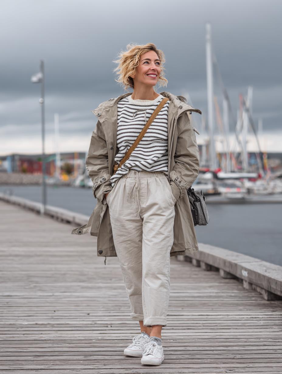 Striped sweater with khaki trousers
