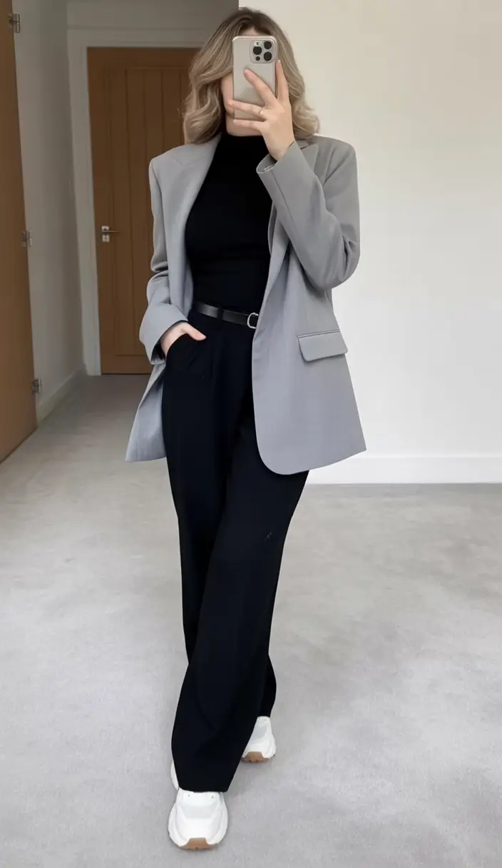 Gray blazer with black pants and sneakers