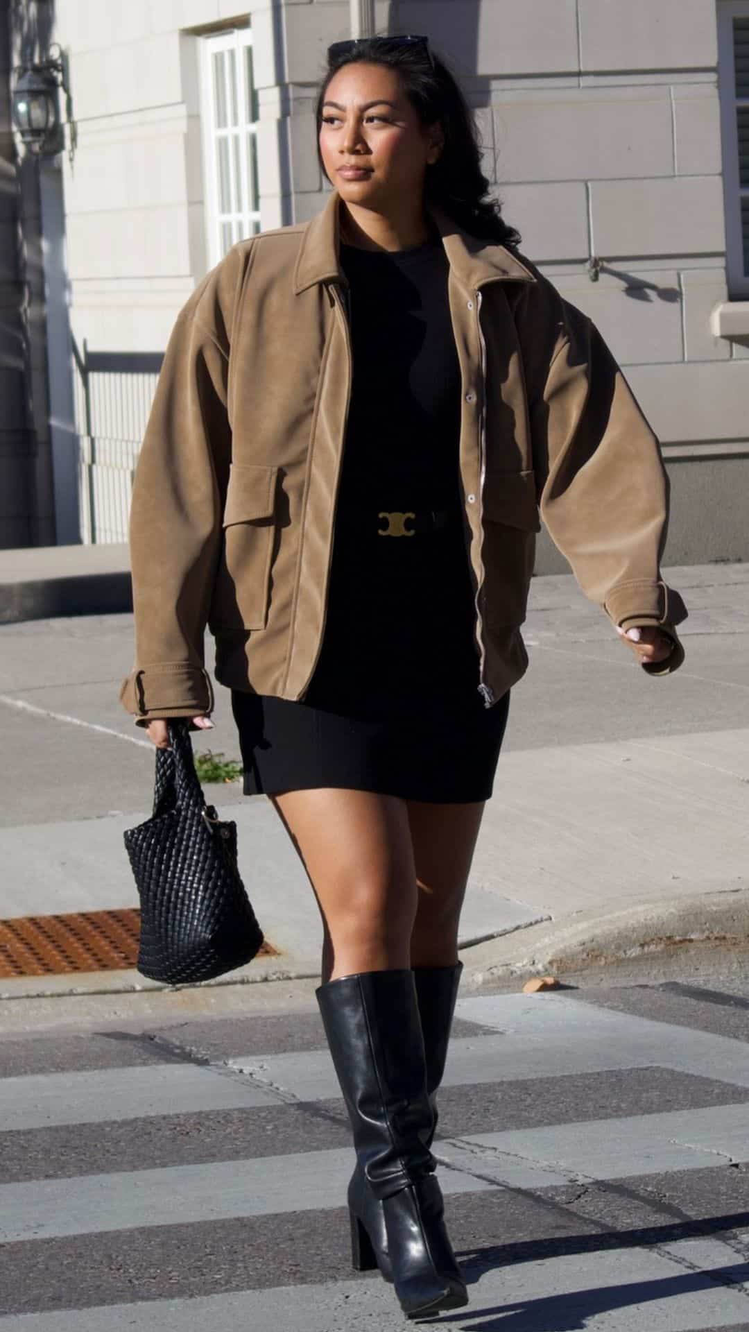Oversized jacket with mini dress and boots